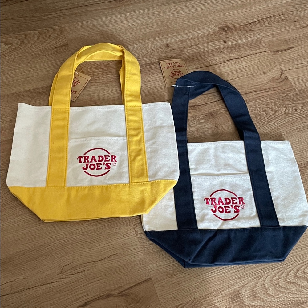 NWT Trader Joe's yellow and navy Canvas mini Tote Bags Set